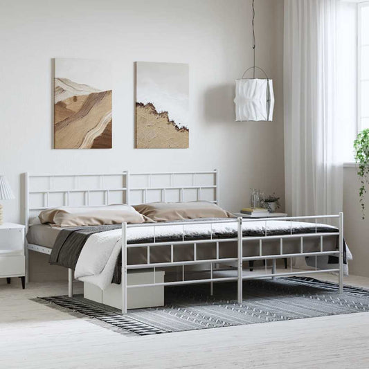 Bed frame with head and footboard metal white 193x203 cm