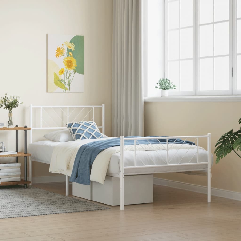 Bed frame with head and footboard metal white 75x190 cm