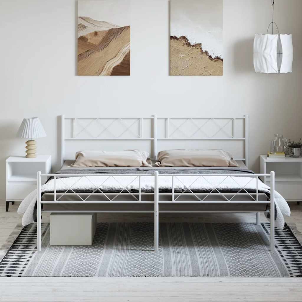 Bed frame with head and footboard metal white 183x213 cm
