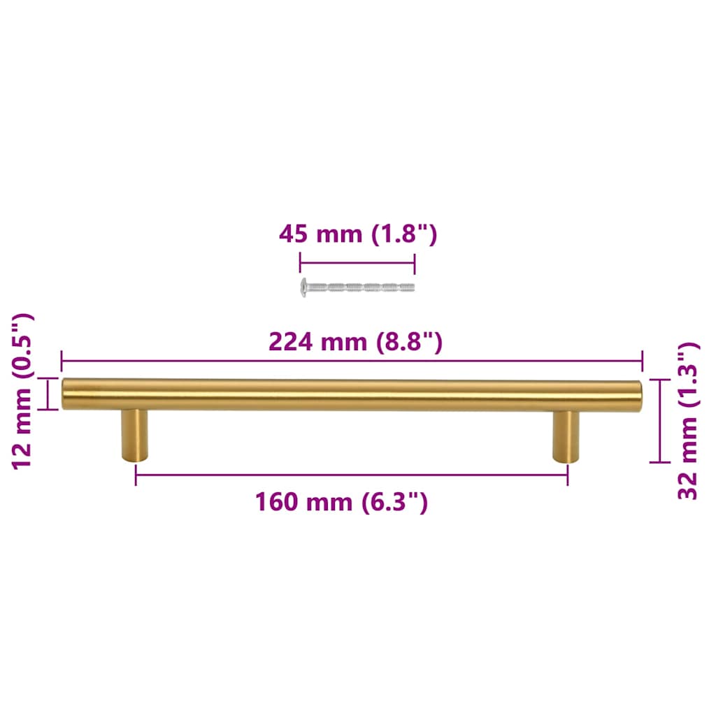 Möbelgriffe 10 Stk. Golden Lochabstand 160 mm Gesamtlänge 224 mm Edelstahl