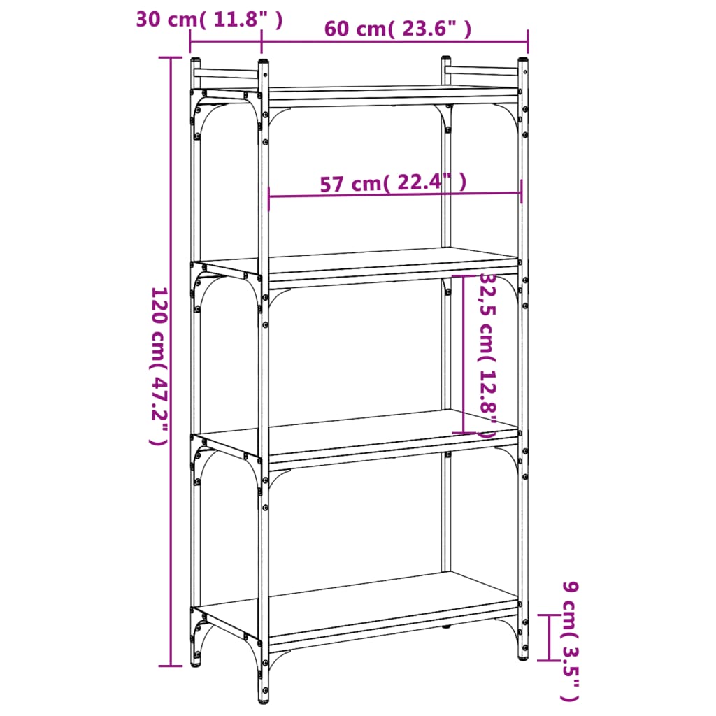 Bibliothèque 4 étagères aspect chêne brun 60x30x120cm matière bois