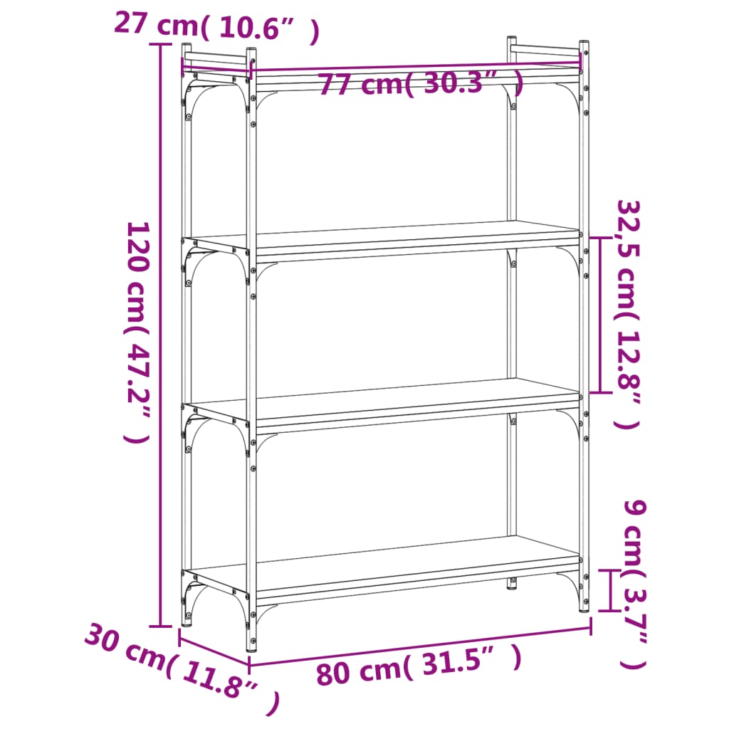 Bibliothèque 4 étagères aspect chêne brun 80x30x120cm matière bois