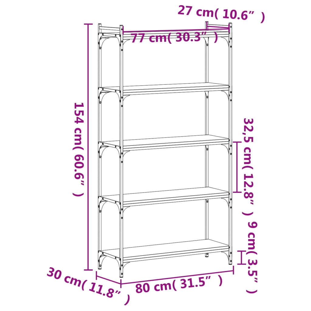 Bücherregal 5 Böden Braun Eiche-Optik 80x30x154cm Holzwerkstoff