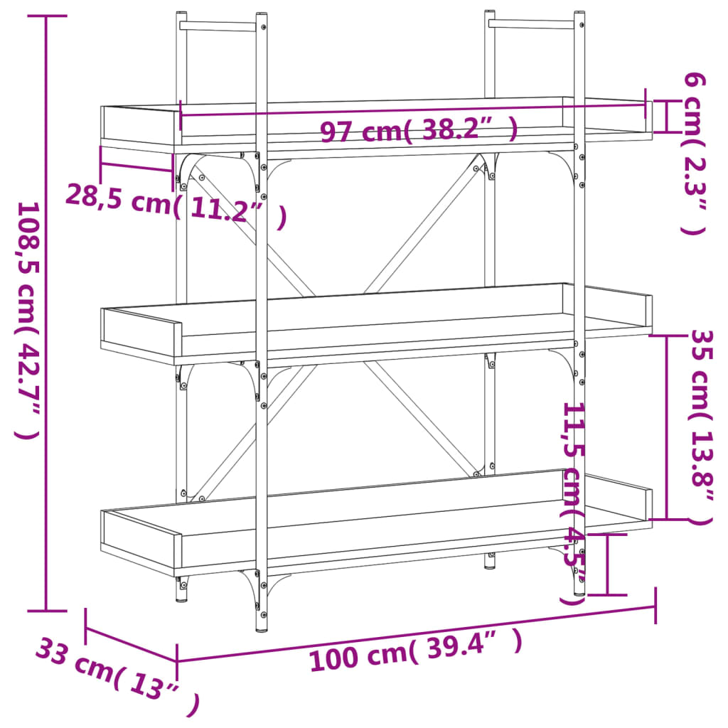 Bibliothèque 3 étagères Sonoma gris 100x33x108,5 cm matériau bois