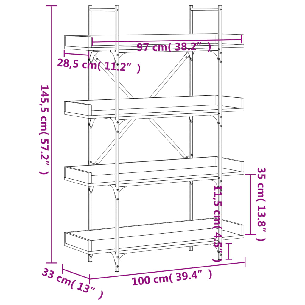 Bücherregal 4 Böden Grau Sonoma 100x33x145,5 cm Holzwerkstoff