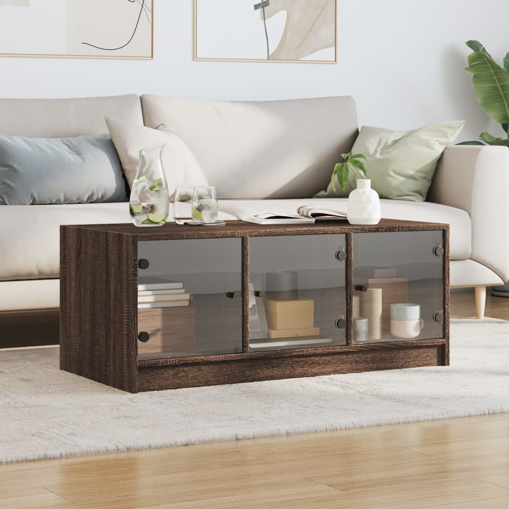 Table basse avec portes vitrées aspect chêne marron 102x50x42 cm