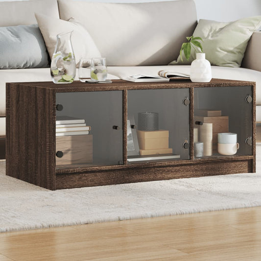 Table basse avec portes vitrées aspect chêne marron 102x50x42 cm