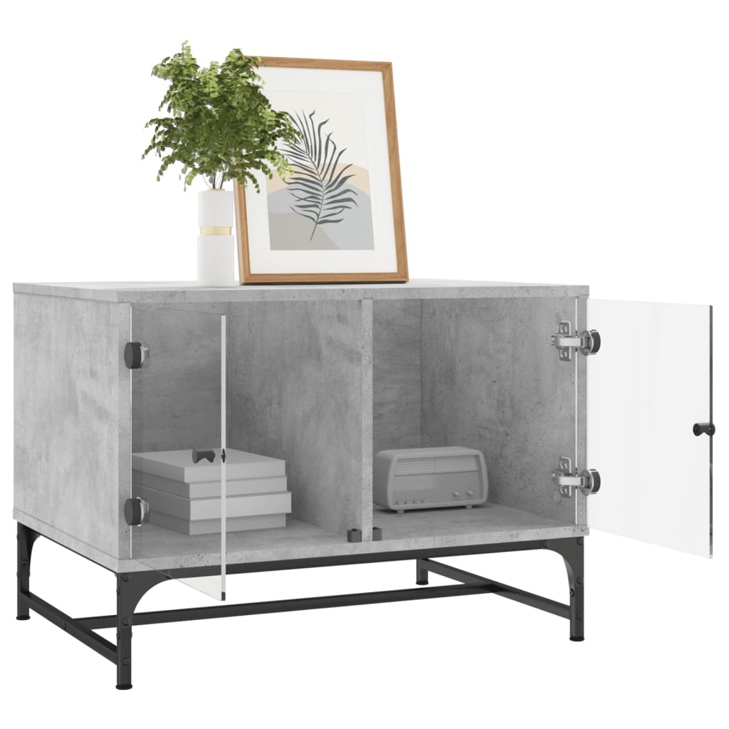 Table basse avec portes vitrées gris béton 68,5x50x50 cm