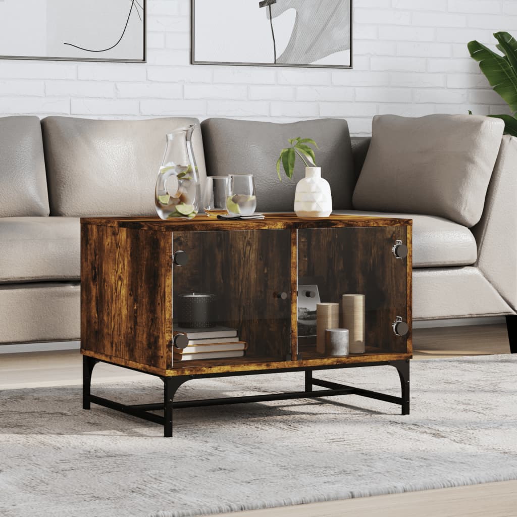 Table basse avec portes vitrées chêne fumé 68,5x50x50 cm