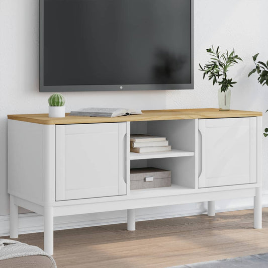 Meuble TV FLORO blanc 114x43x55 cm en bois de pin massif