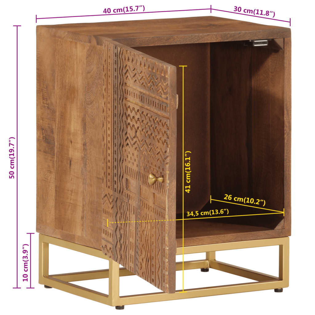 Table de chevet 40x30x50 cm en manguier massif et fer