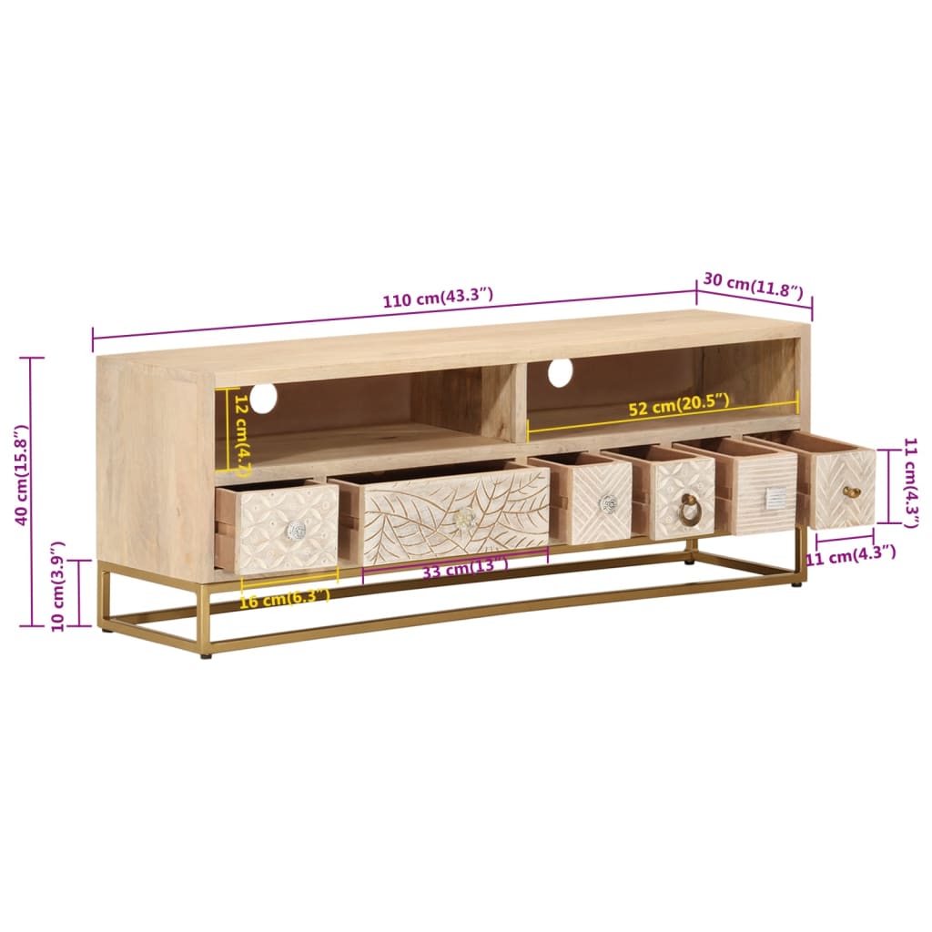 Meuble TV 110x30x40 cm en manguier massif et fer