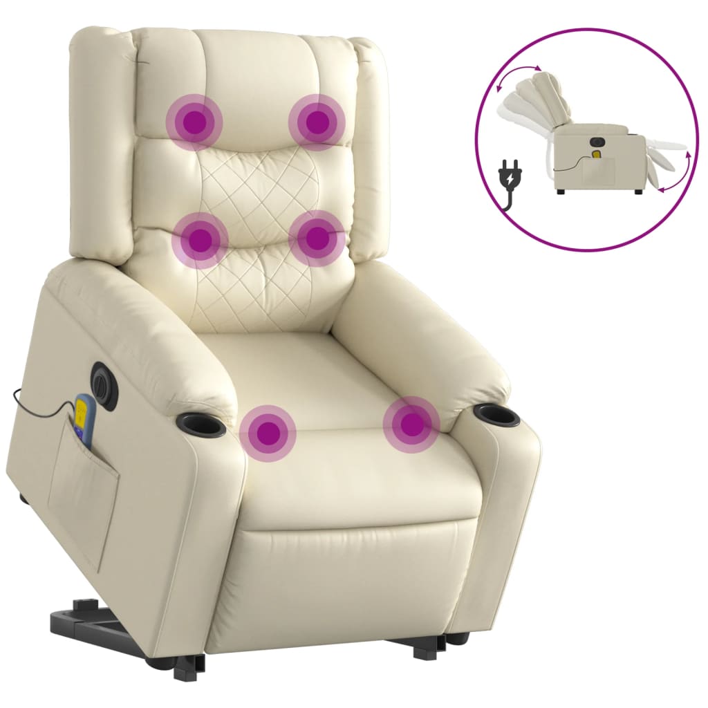 Massage chair with electric stand-up aid, cream, artificial leather