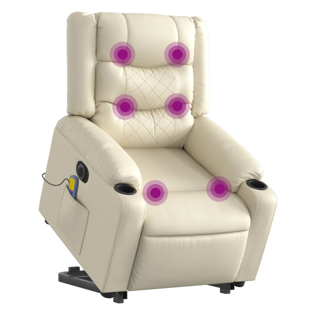 Massage chair with electric stand-up aid, cream, artificial leather