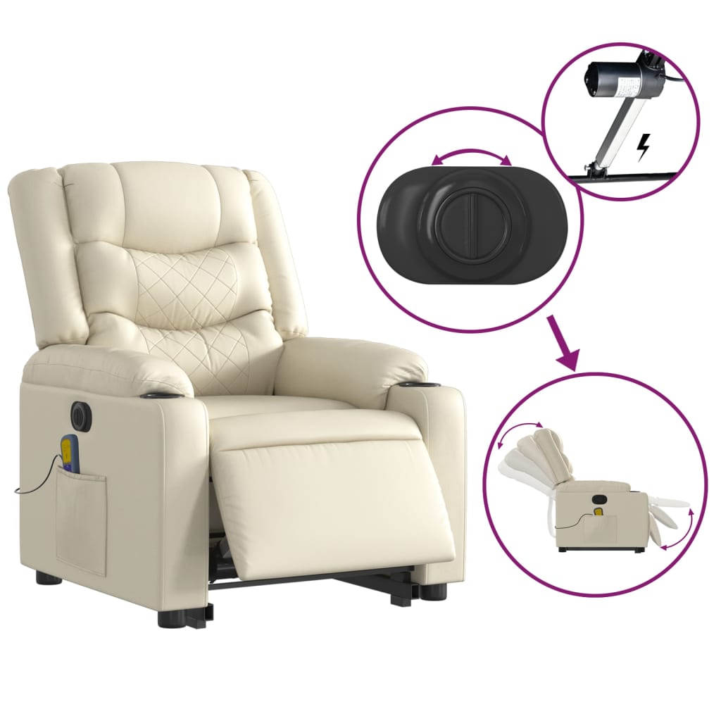 Massage chair with electric stand-up aid, cream, artificial leather