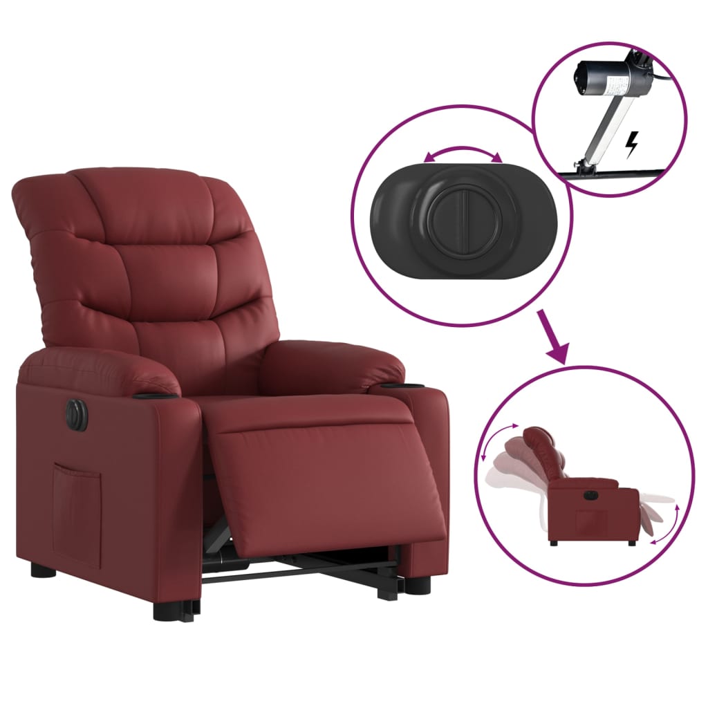 Fauteuil relax avec releveur électrique, rouge vin, cuir artificiel