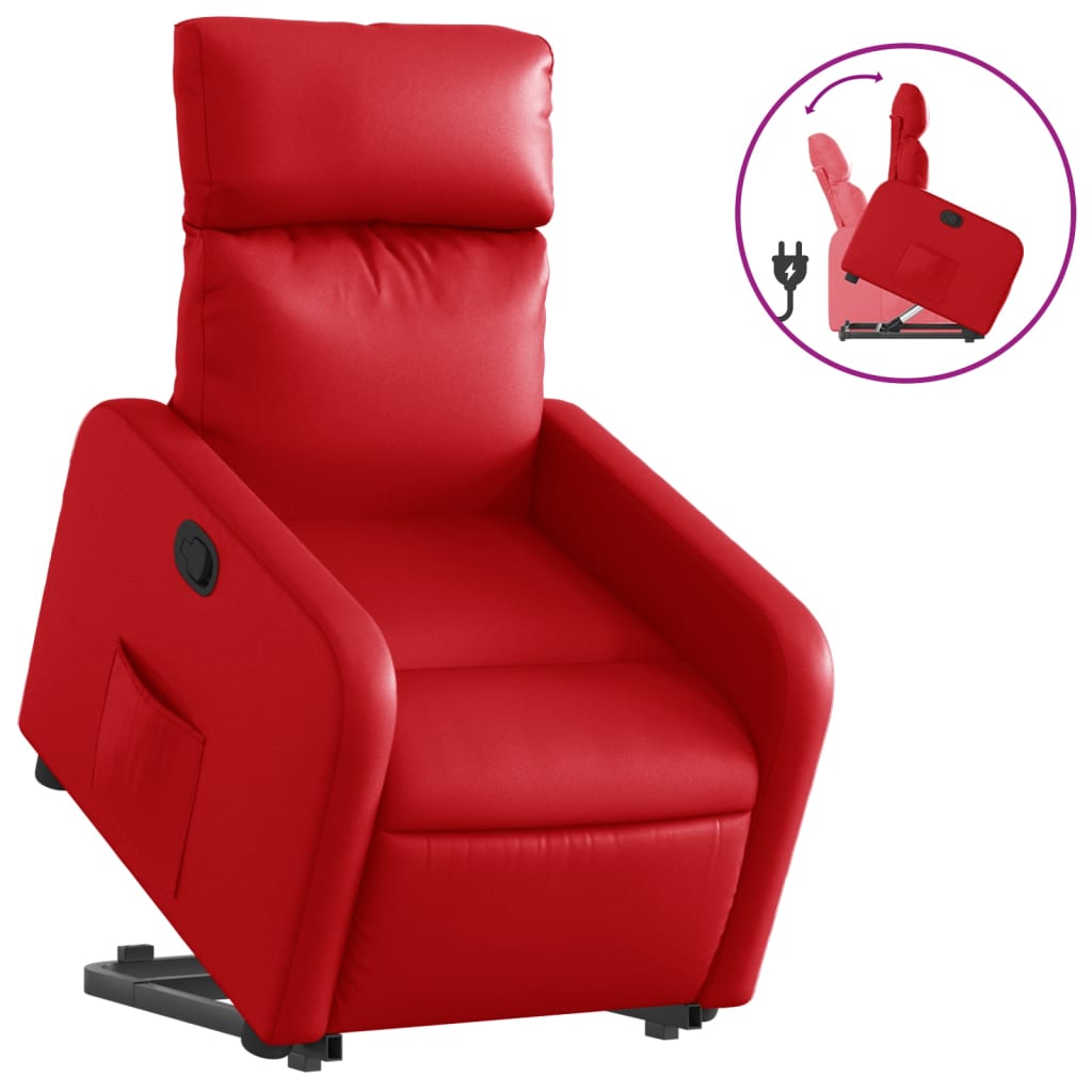 Recliner chair with stand-up aid, red, faux leather