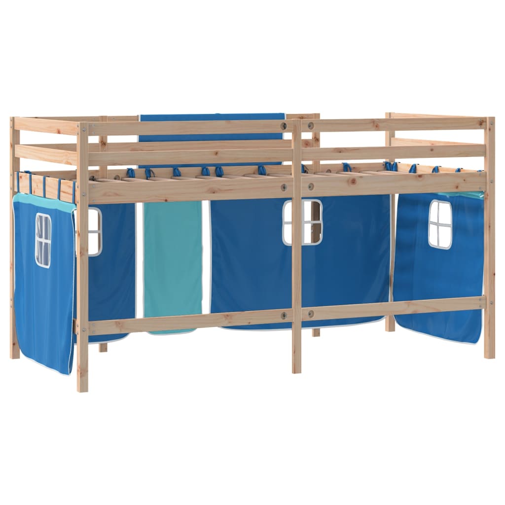 Kinderhochbett mit Vorhängen Blau 80x200 cm Massivholz Kiefer