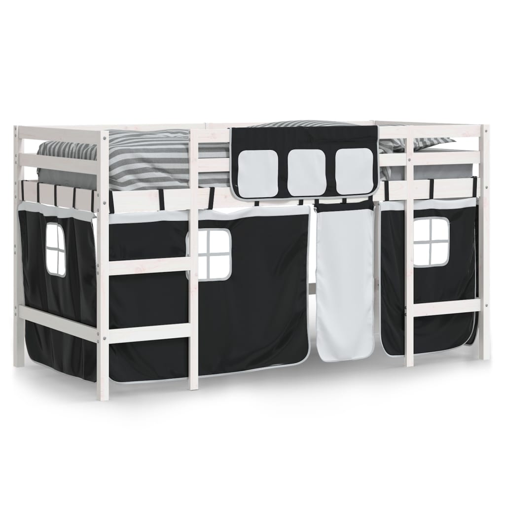 Kinderhochbett mit Vorhängen Weiß Schwarz 90x190 cm Kiefernholz