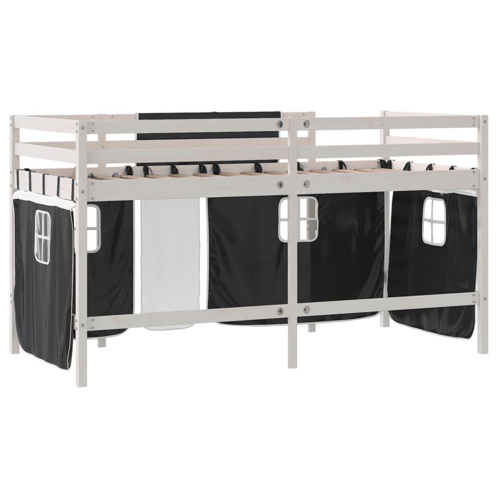 Kinderhochbett mit Vorhängen Weiß Schwarz 90x190 cm Kiefernholz