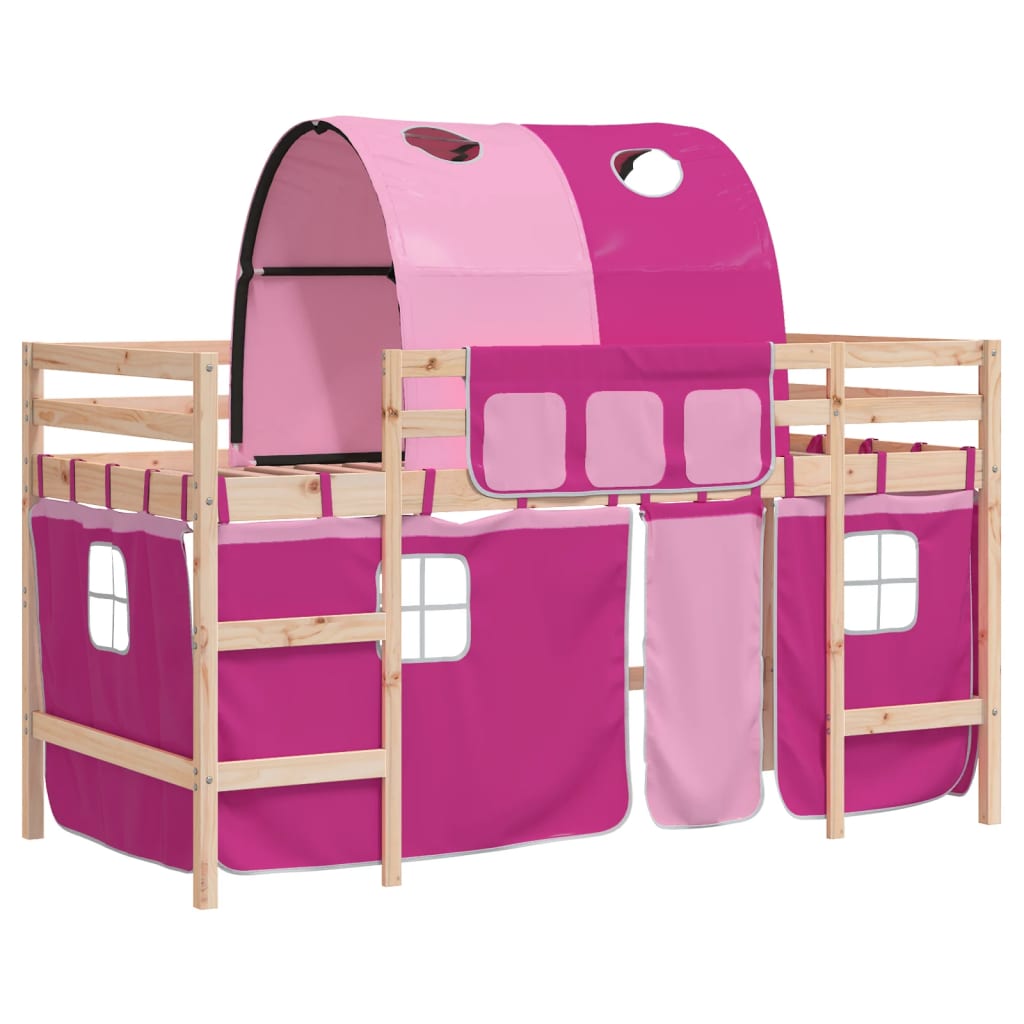 Lit mezzanine enfant avec tunnel rose 90x190 cm en pin massif
