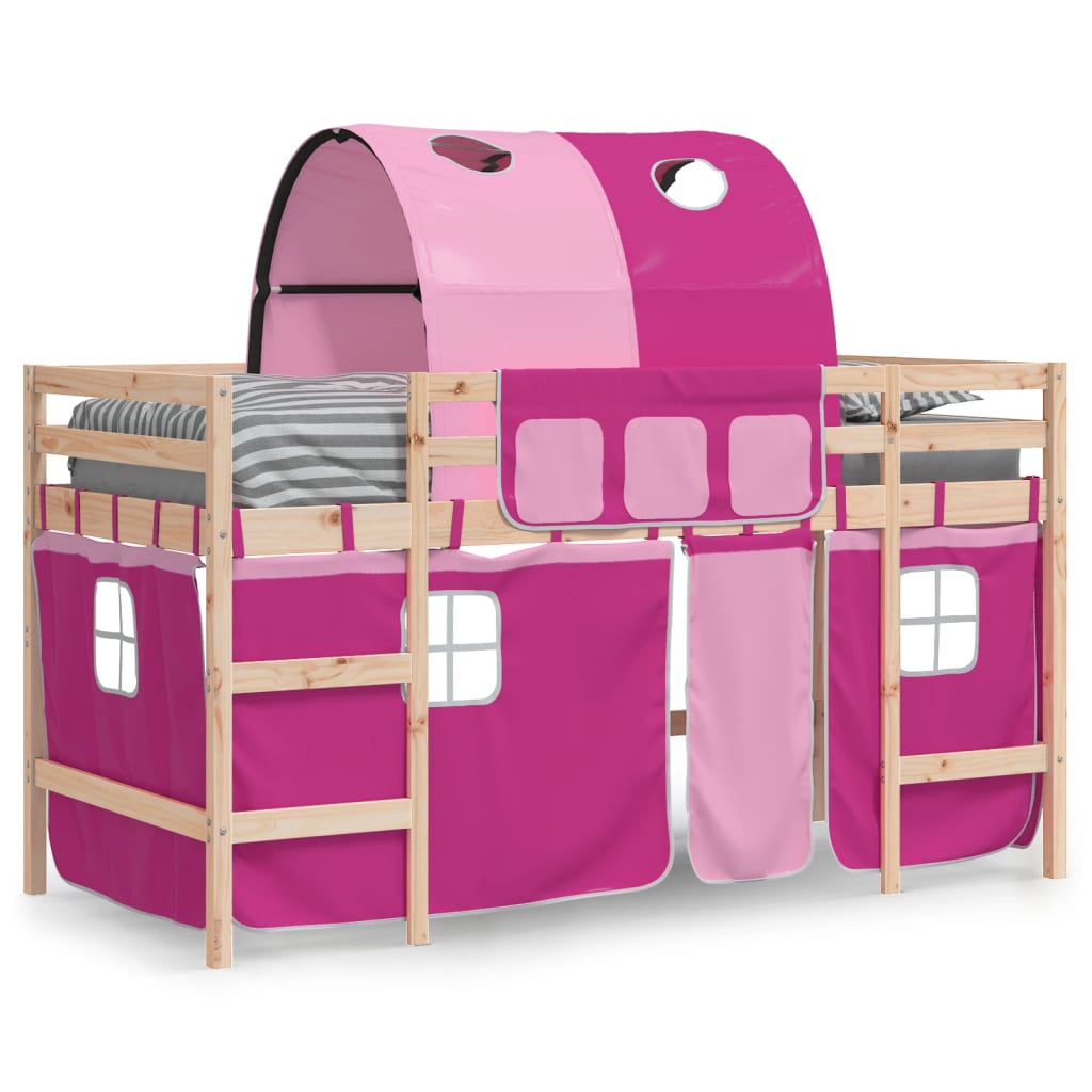 Lit mezzanine enfant avec tunnel rose 90x190 cm en pin massif