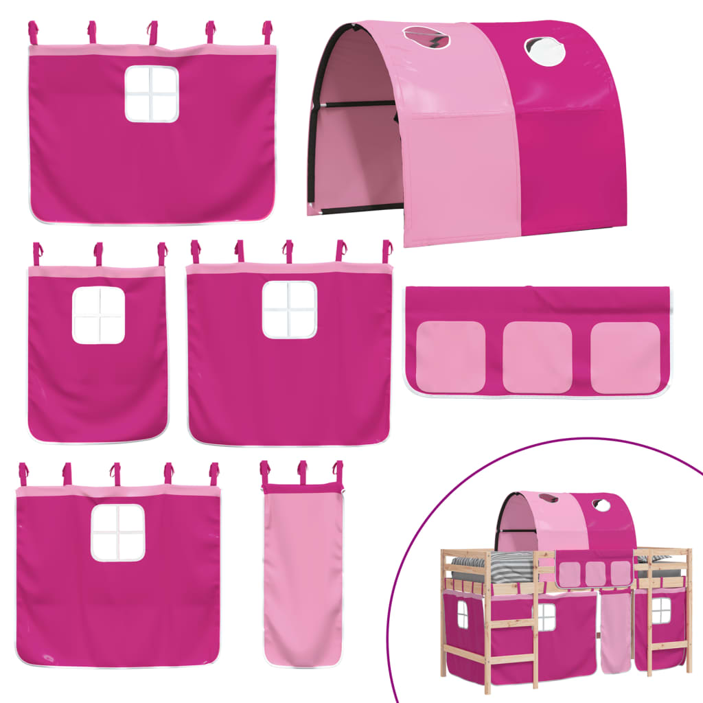 Lit mezzanine enfant avec tunnel rose 90x190 cm en pin massif