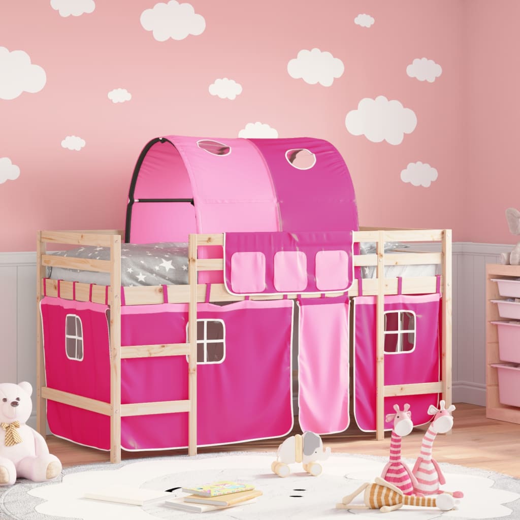 Lit mezzanine enfant avec tunnel rose 90x190 cm en pin massif