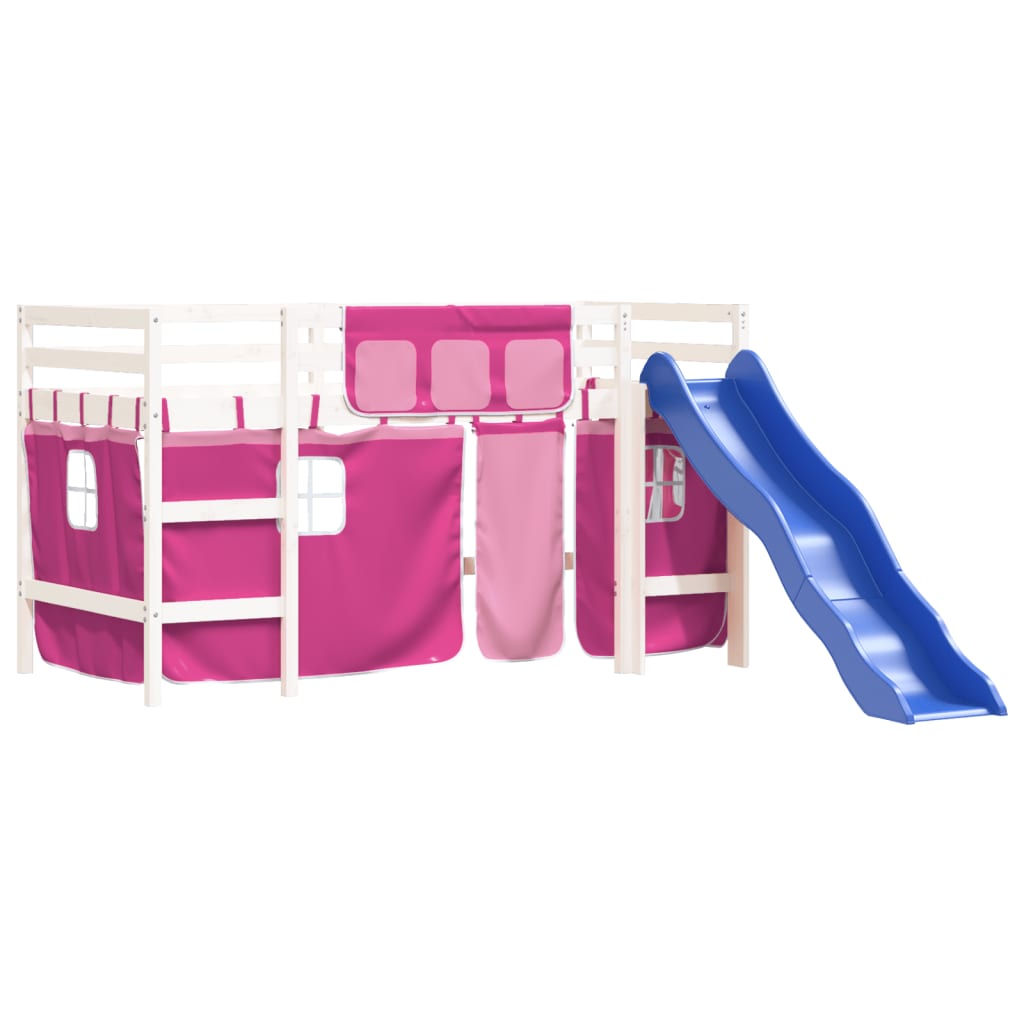 Children's loft bed with curtains pink 90x200 cm solid pine wood