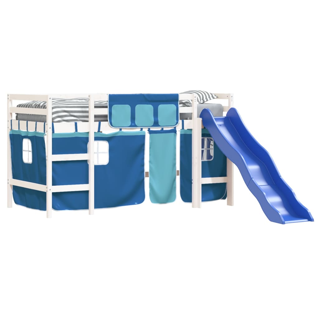 Children's loft bed with curtains blue 90x190 cm solid pine wood