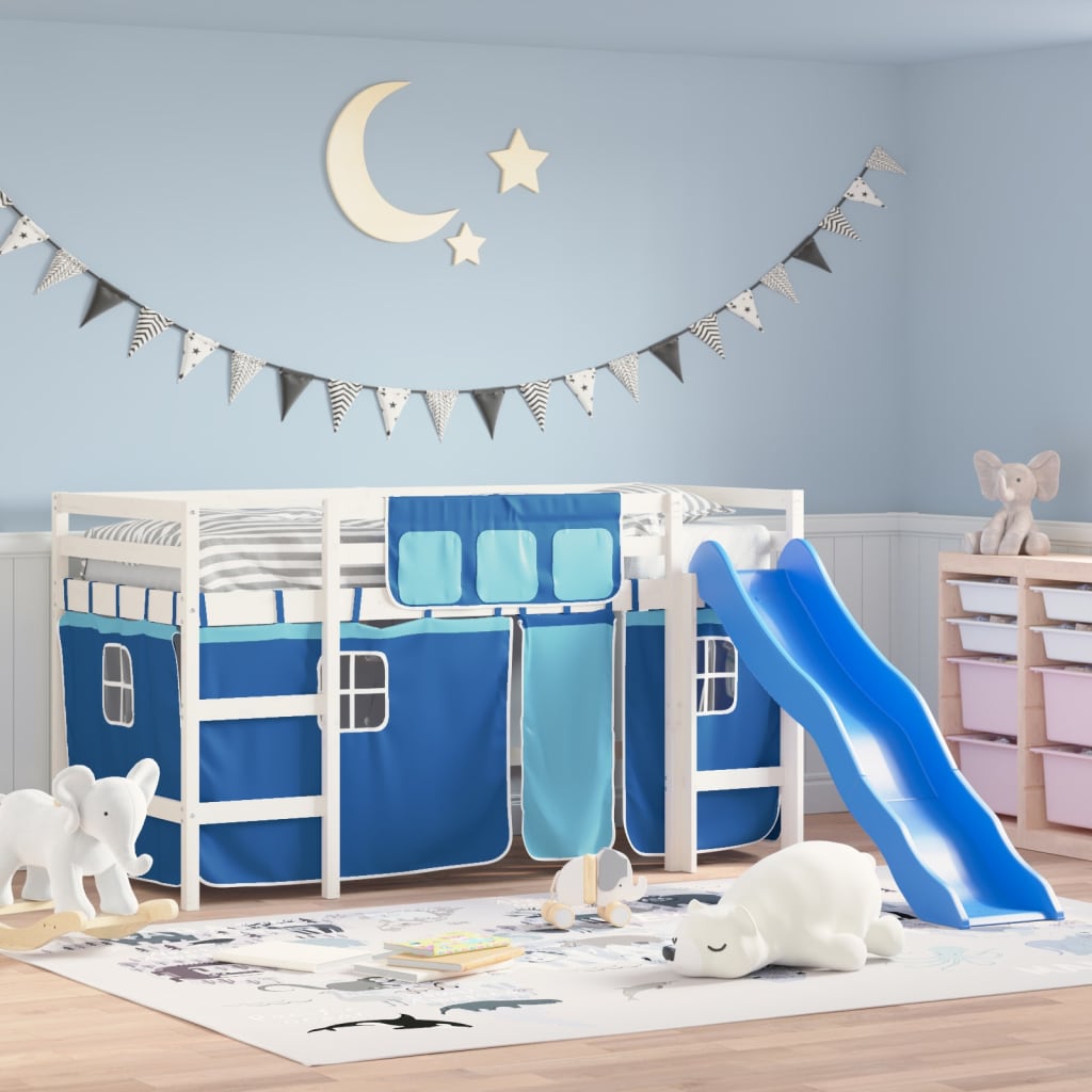 Children's loft bed with curtains blue 90x190 cm solid pine wood