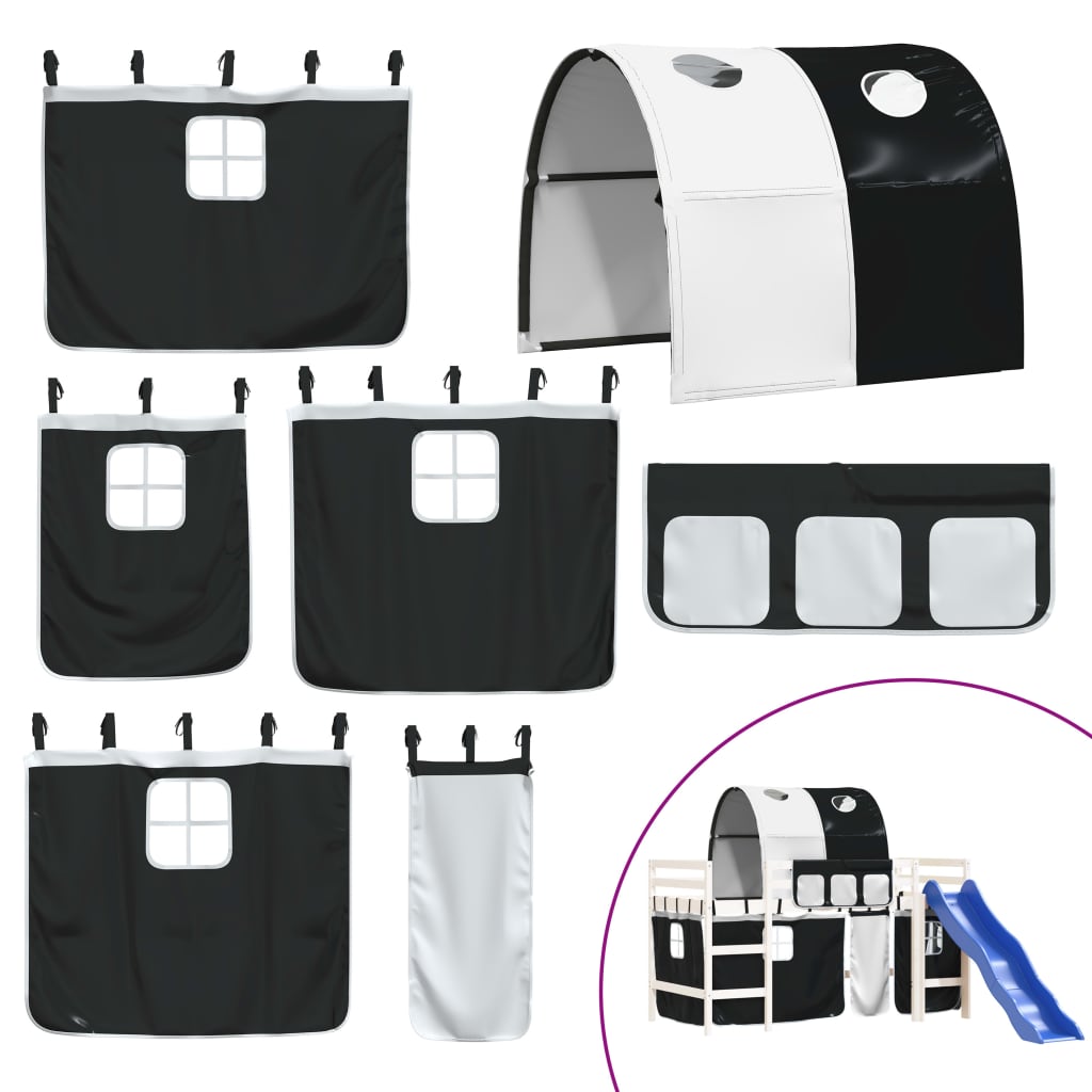 Children's loft bed with tunnel white &amp; black 90x200 cm pinewood