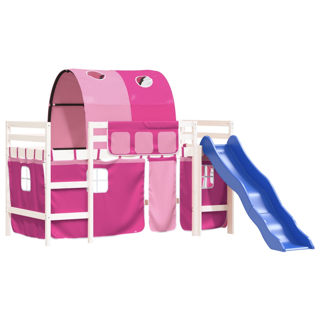 Lit mezzanine enfant avec tunnel rose 90x200 cm en pin massif
