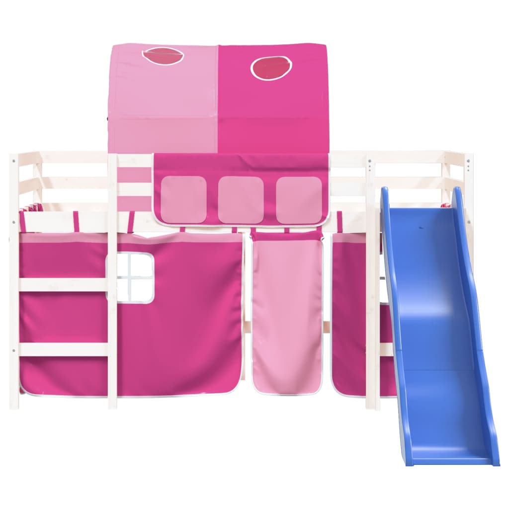 Lit mezzanine enfant avec tunnel rose 90x200 cm en pin massif