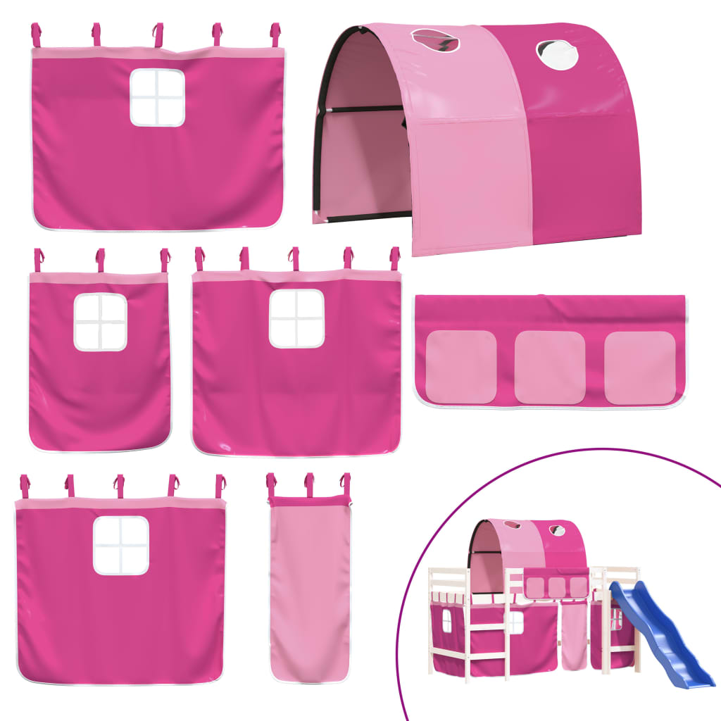 Lit mezzanine enfant avec tunnel rose 90x200 cm en pin massif