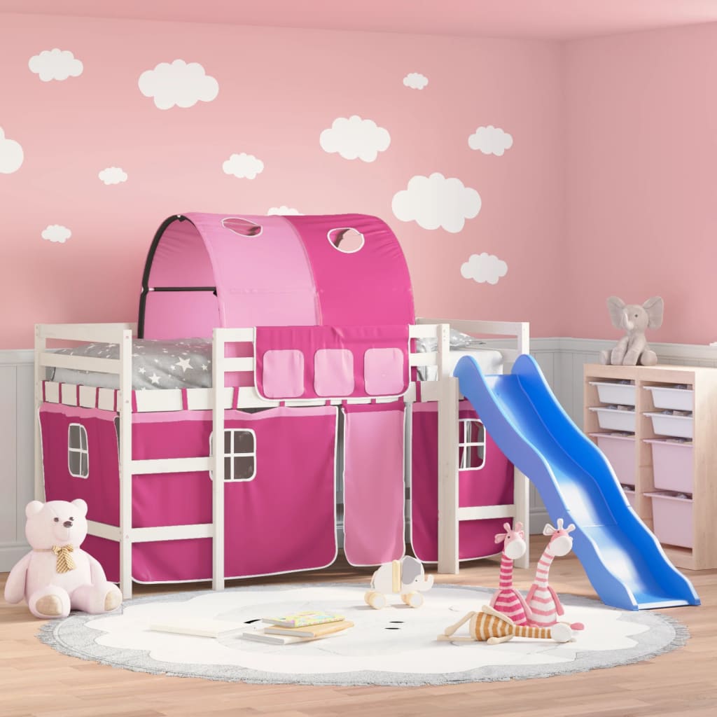 Lit mezzanine enfant avec tunnel rose 90x200 cm en pin massif