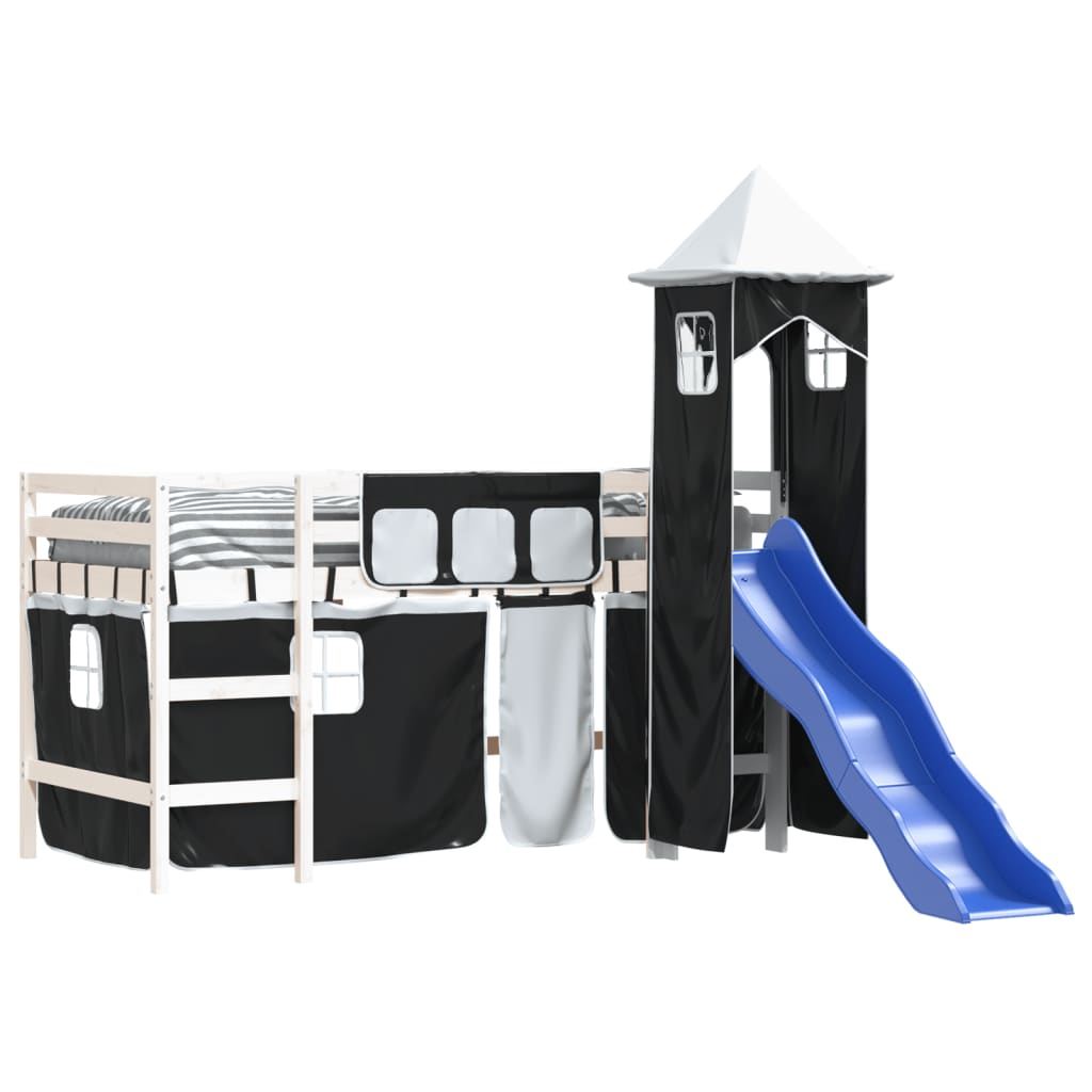 Children's loft bed with tower white &amp; black 90x200 cm pinewood
