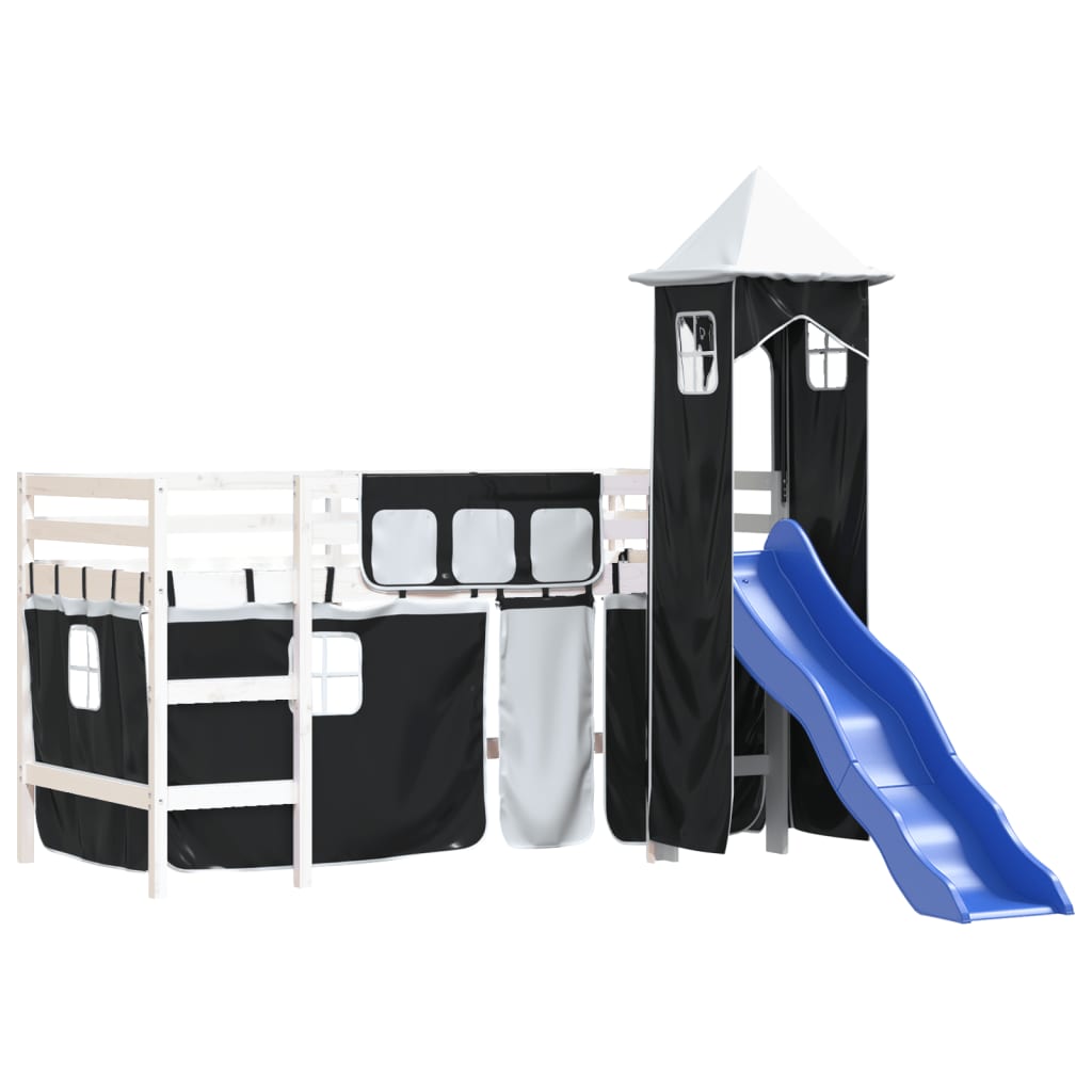 Children's loft bed with tower white &amp; black 90x200 cm pinewood