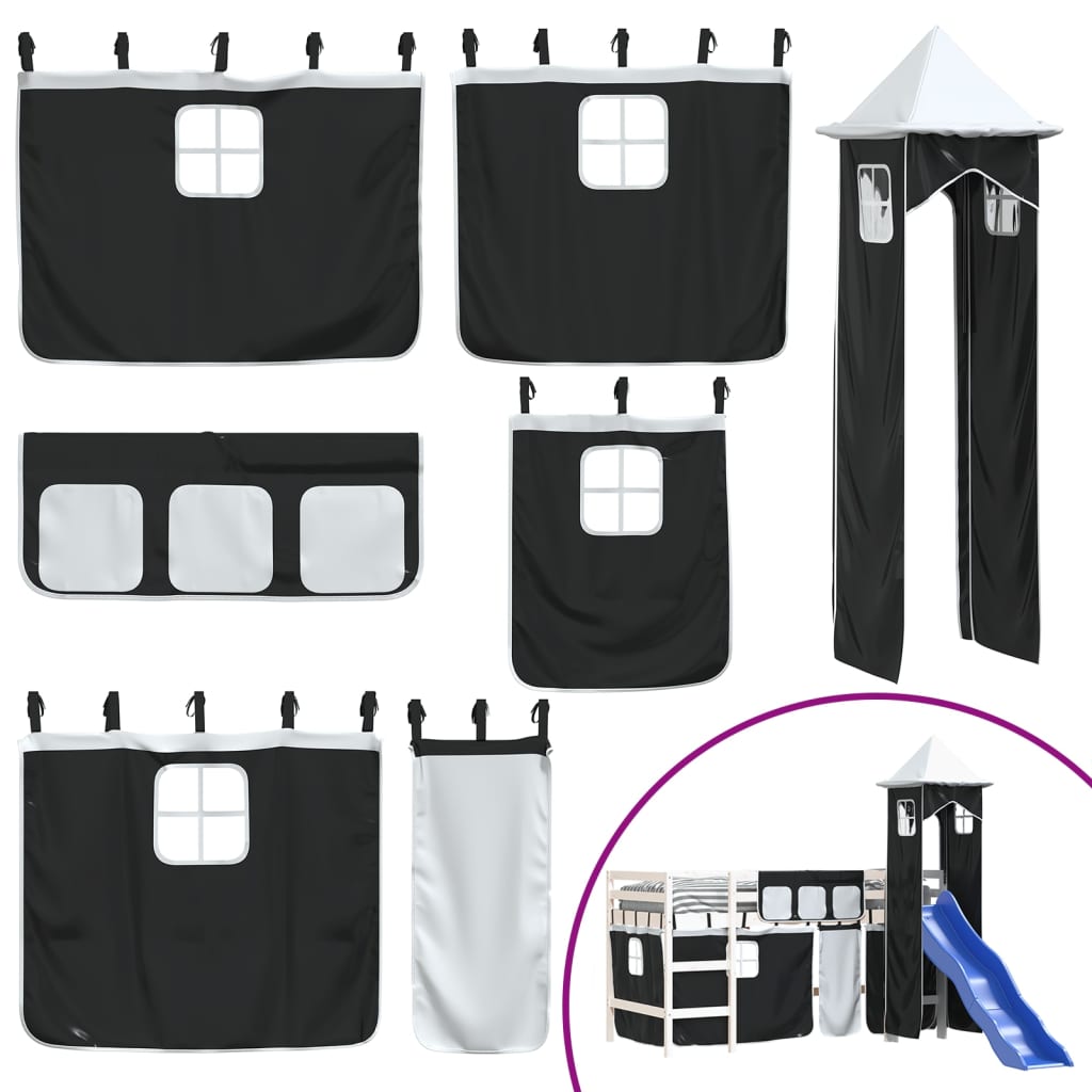 Children's loft bed with tower white &amp; black 90x200 cm pinewood