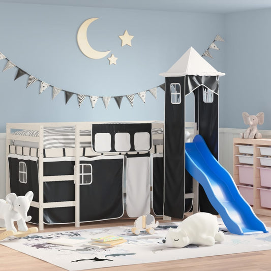 Children's loft bed with tower white &amp; black 90x200 cm pinewood