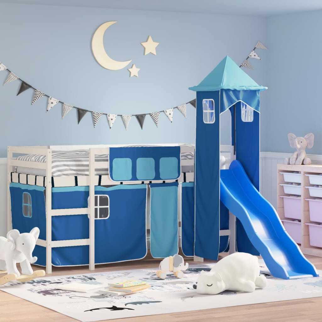 Children's loft bed with tower blue 90x200 cm solid pine wood