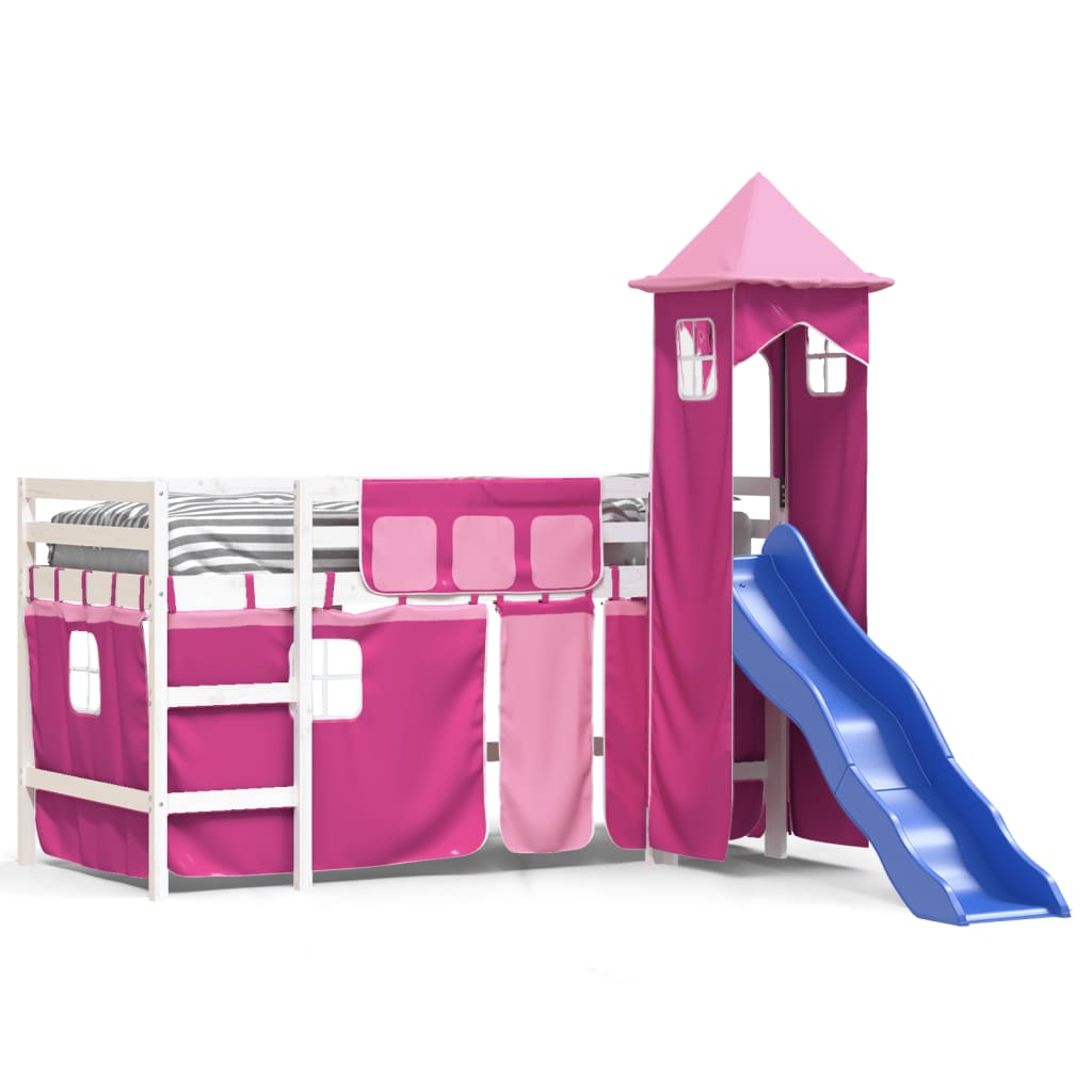 Children's loft bed with tower pink 90x200 cm solid pine wood