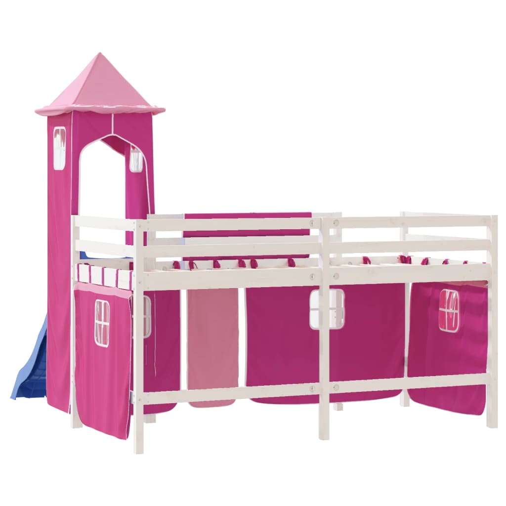 Children's loft bed with tower pink 90x200 cm solid pine wood