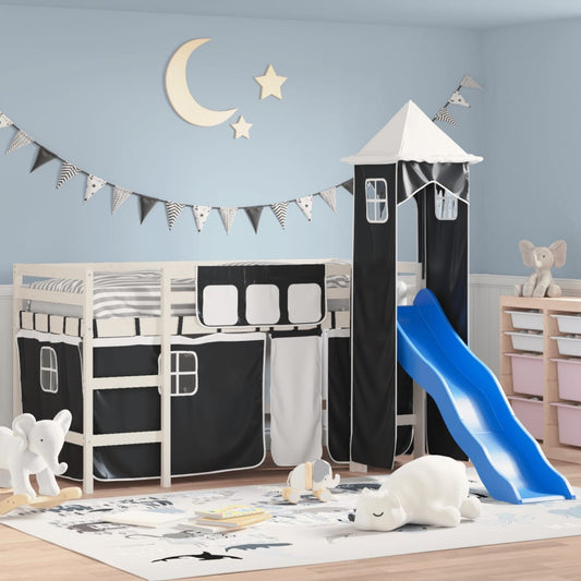 Children's loft bed with tower white &amp; black 90x190 cm pinewood