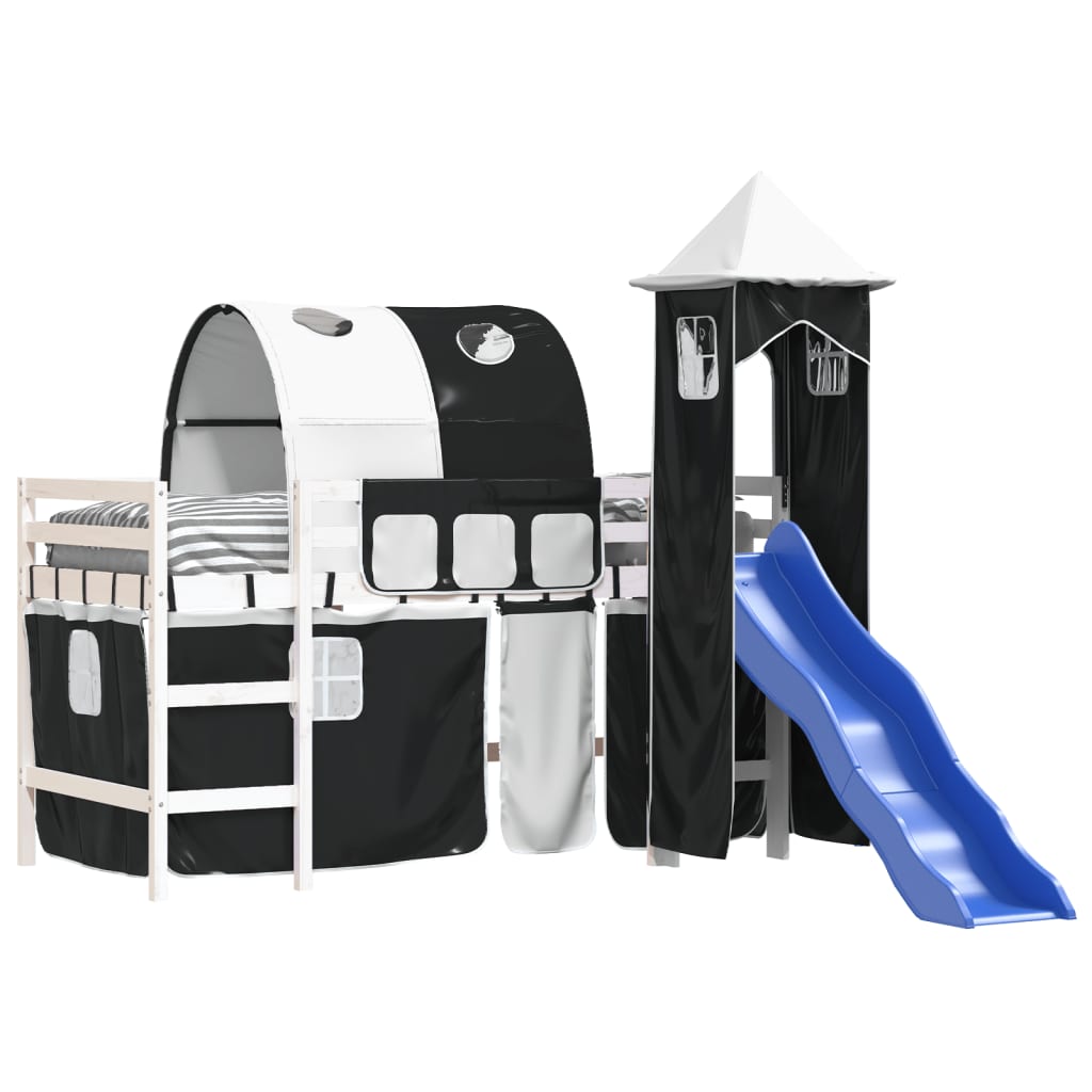 Children's loft bed with tower white &amp; black 90x200 cm pinewood