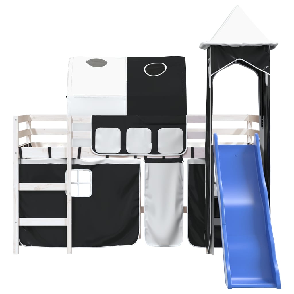 Children's loft bed with tower white &amp; black 90x200 cm pinewood