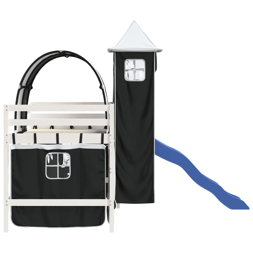 Children's loft bed with tower white &amp; black 90x200 cm pinewood