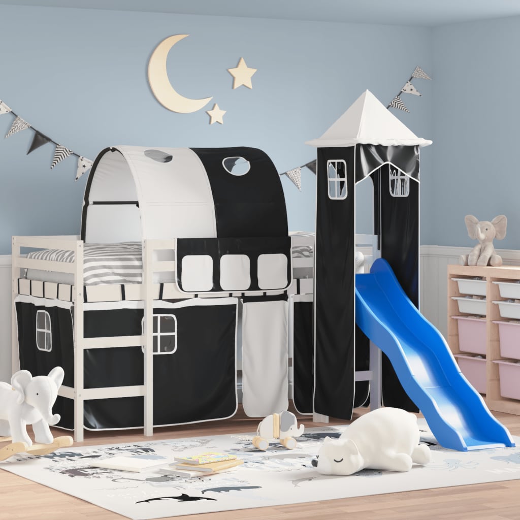 Children's loft bed with tower white &amp; black 90x200 cm pinewood