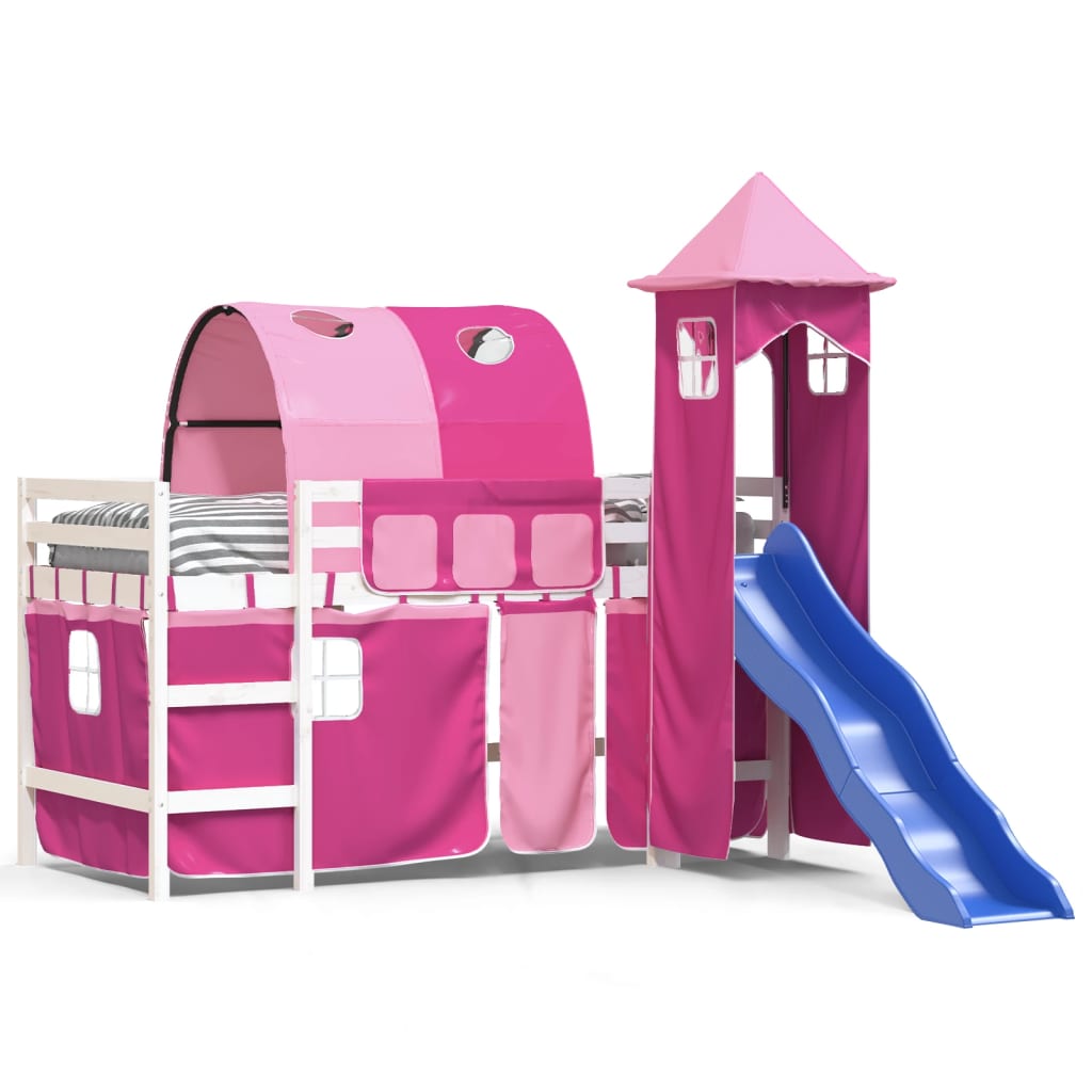 Children's loft bed with tower pink 90x200 cm solid pine wood