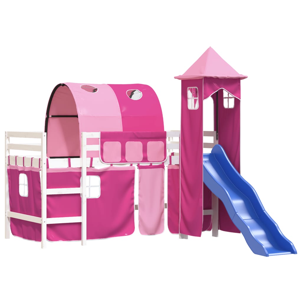 Children's loft bed with tower pink 90x200 cm solid pine wood